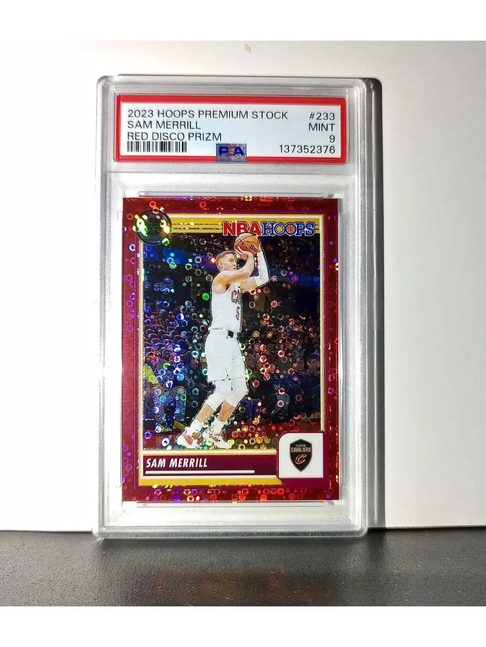 Sam Merrill 2023 Panini Hoops Premium #233 19/149 Red Disco Prizm PSA 9 Mint
